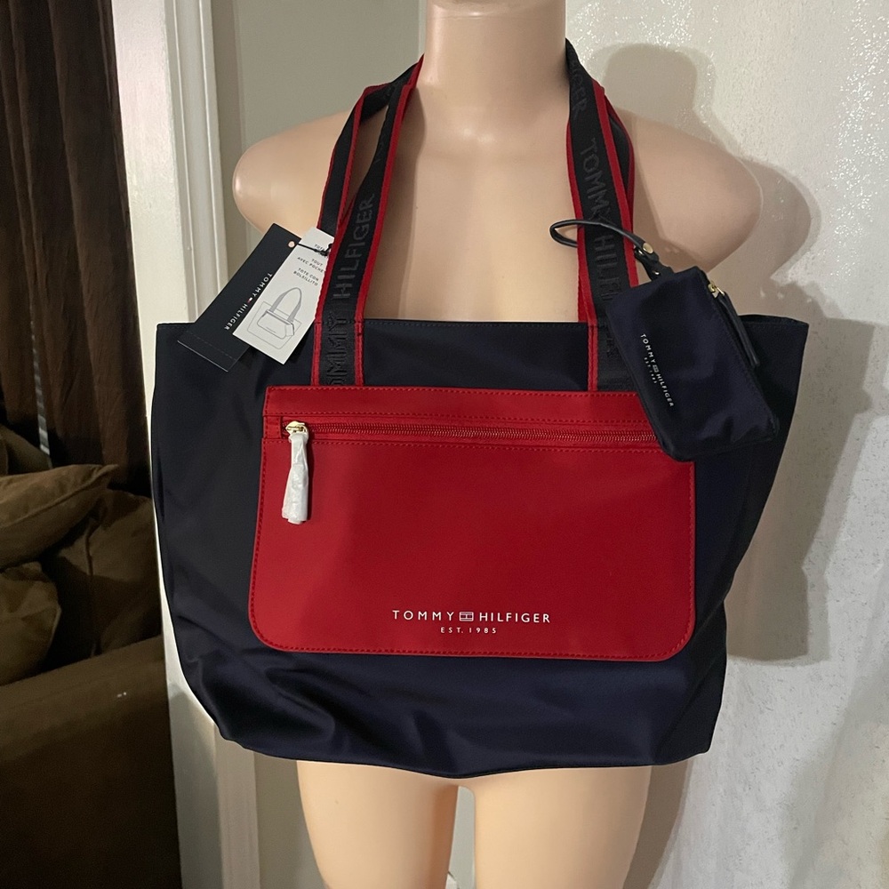 NWT Tommy Hilfiger Red and Blue Women's Tote Bag with pouch logo Den